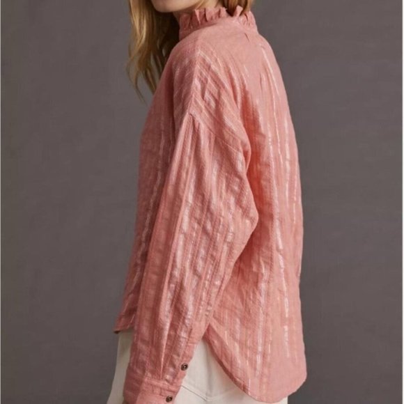 Anthropologie Pilcro Tavi Stripe Oversized Button Up Blouse Coral XSP - Picture 2 of 7